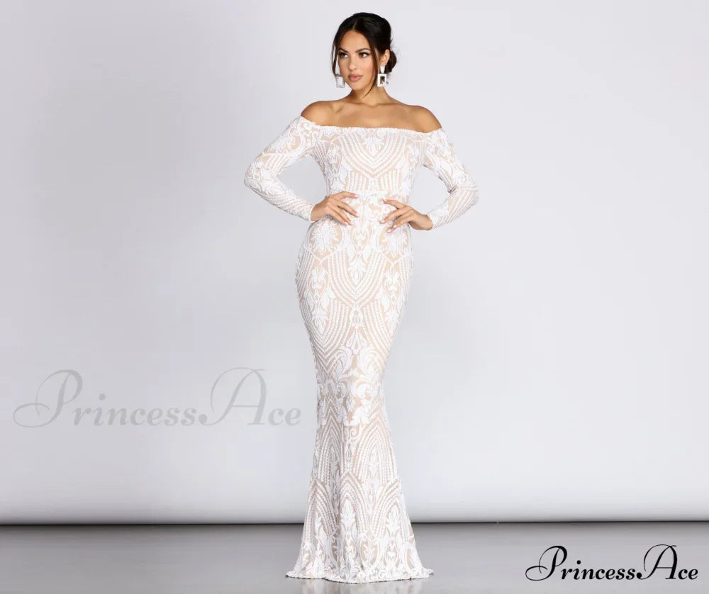 Sierra Sequin Off Charming The Shoulder Formal Dress White / Xs S.o. Long Dresses