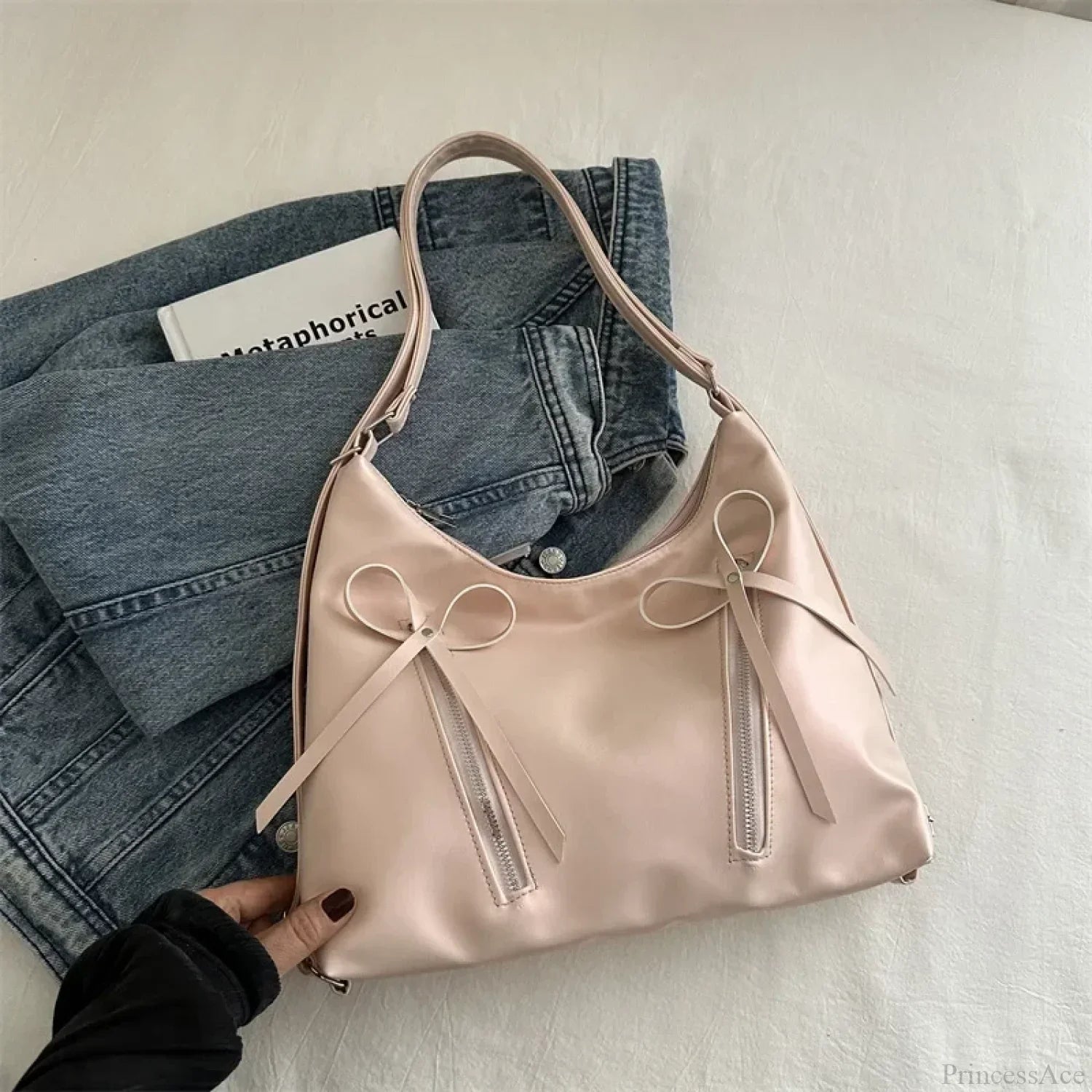 Silver Bow PU Leather Shoulder Bag Pink shoulder-250126