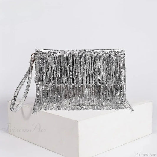 Silver Sequin Rhinestone Evening Clutch Wristlet silver wristlet-250126