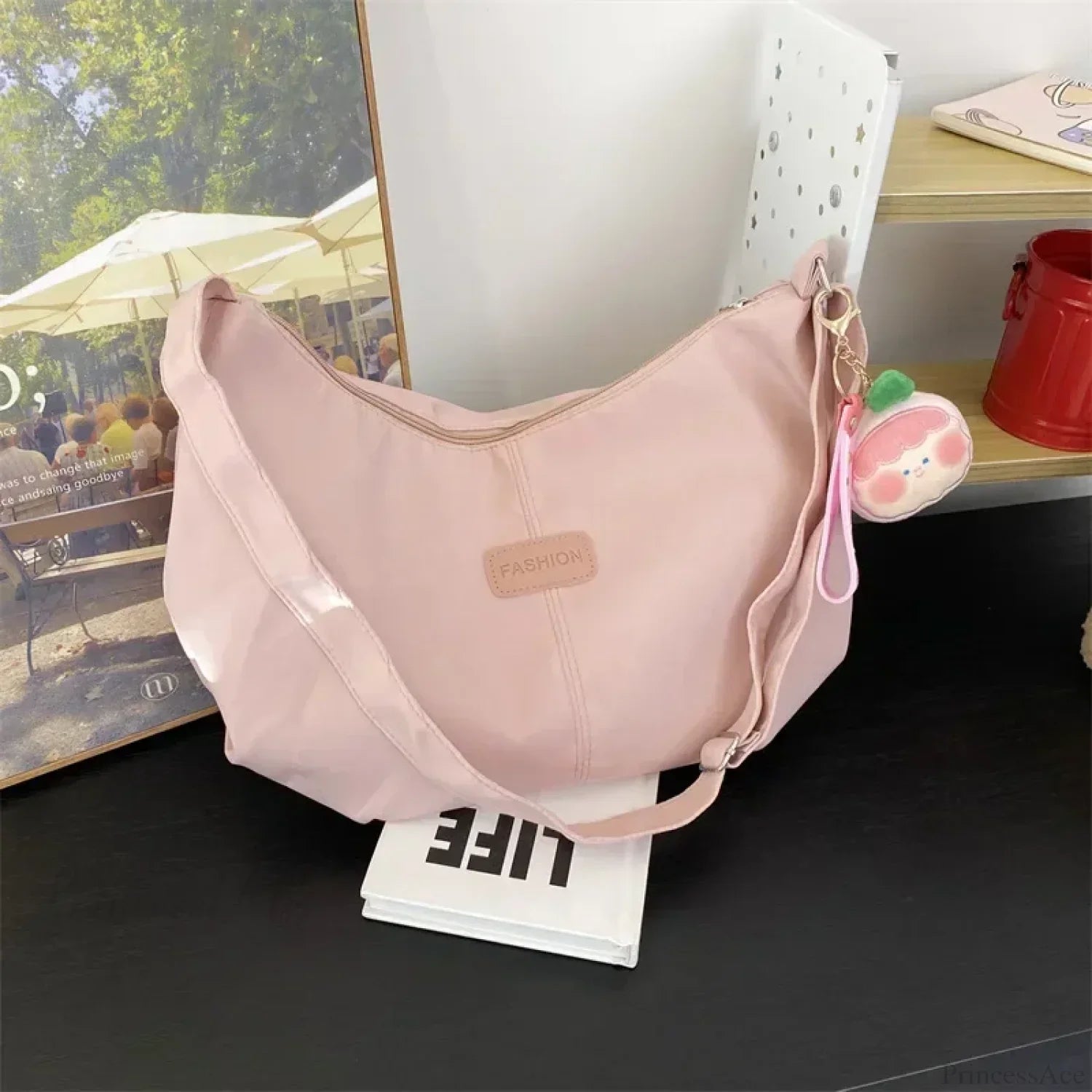 Simple College Style Nylon Large Crossbody Pink / No plush pendant crossbody-250126