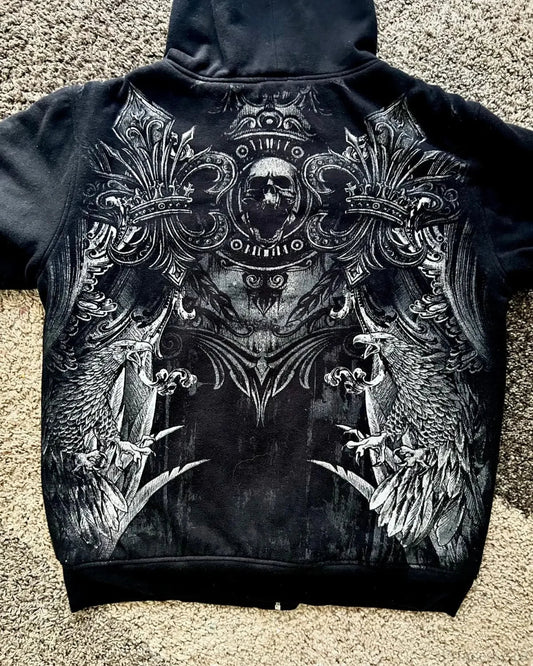 Skull Print Zipper Casual Hoodie