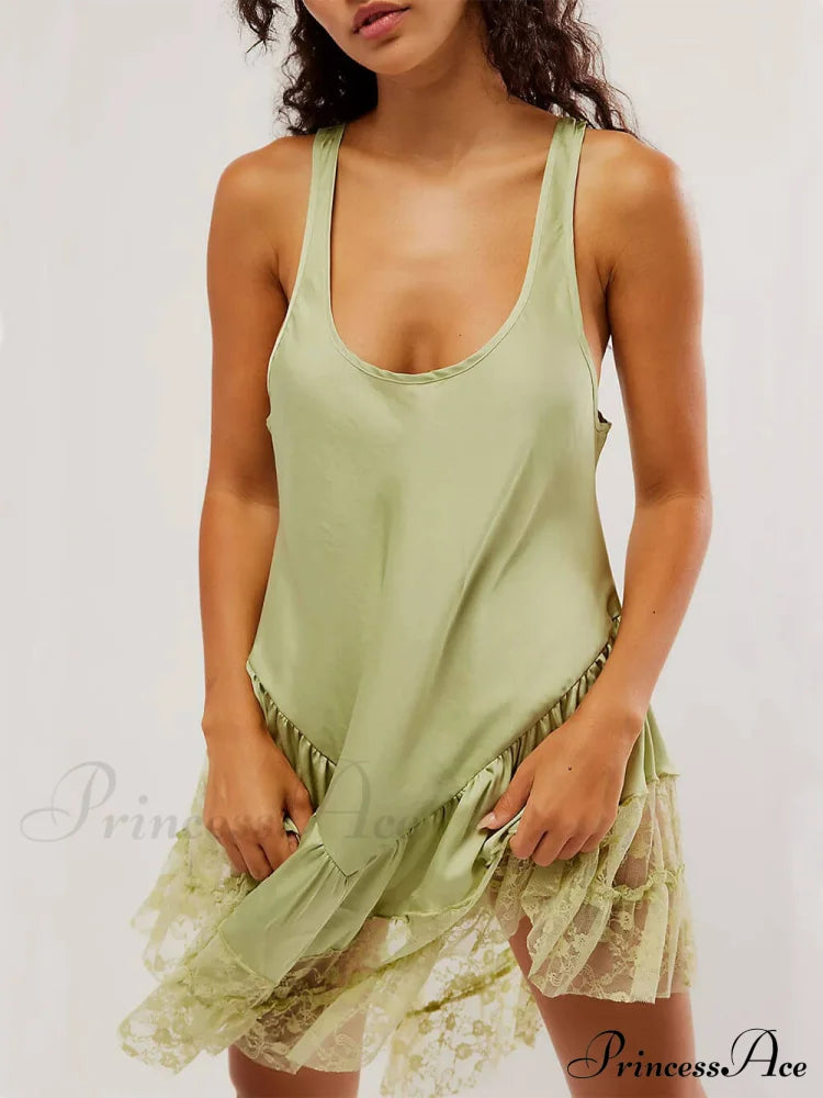 Sleeveless Lace Stylish Panel Mini Dress Green / S Dresses