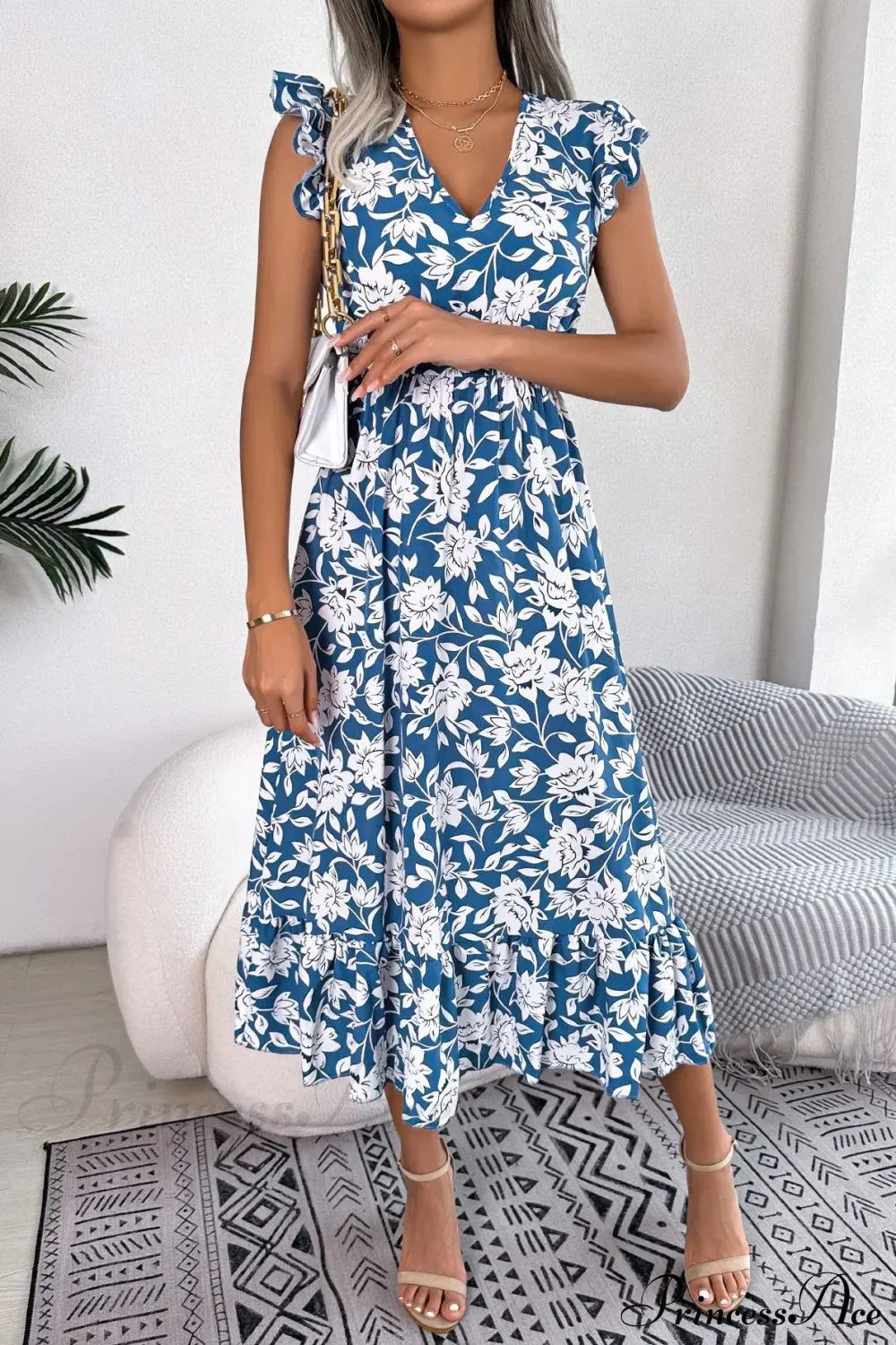 Sleeveless V Neck Summer A Line Midi Dress Boho