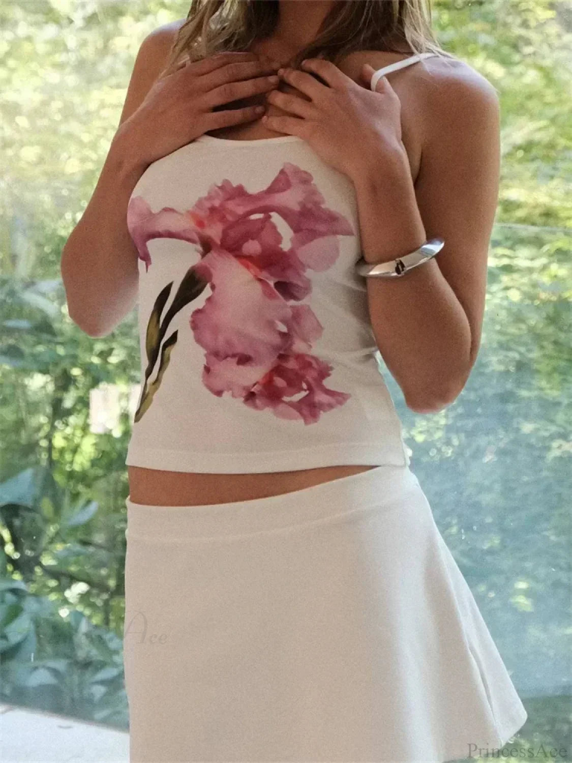 Slim Flower Print Spaghetti Strap Crop Top croptop-250126