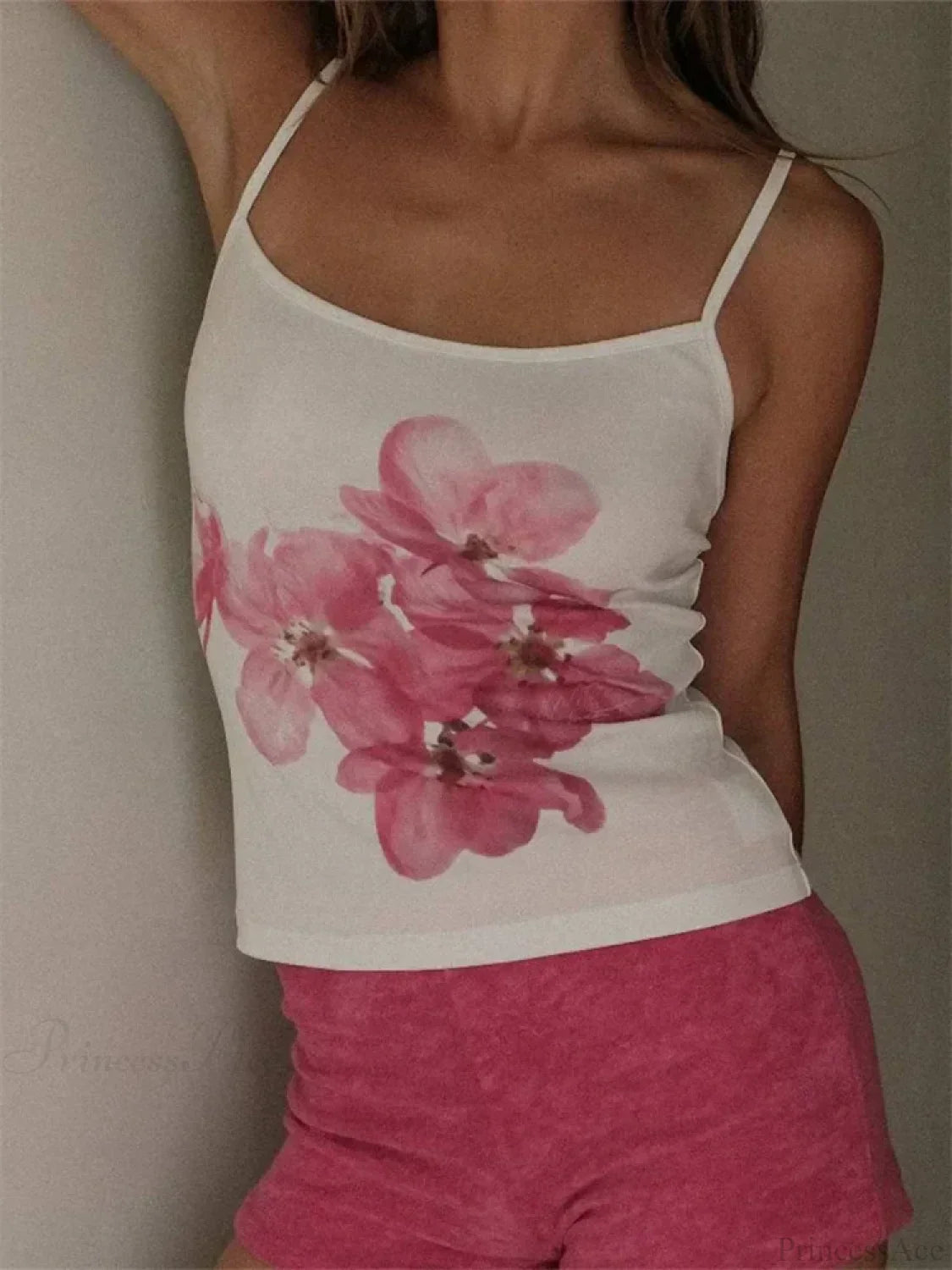 Slim Flower Print Spaghetti Strap Crop Top WHITE1 / S croptop-250126