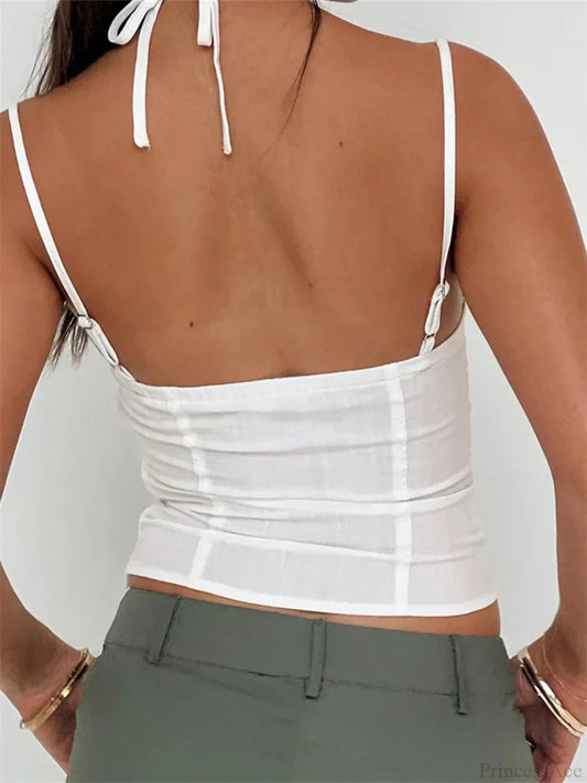 Slim Lace Trim Halter Tie-up Backless Crop Top croptop-250126