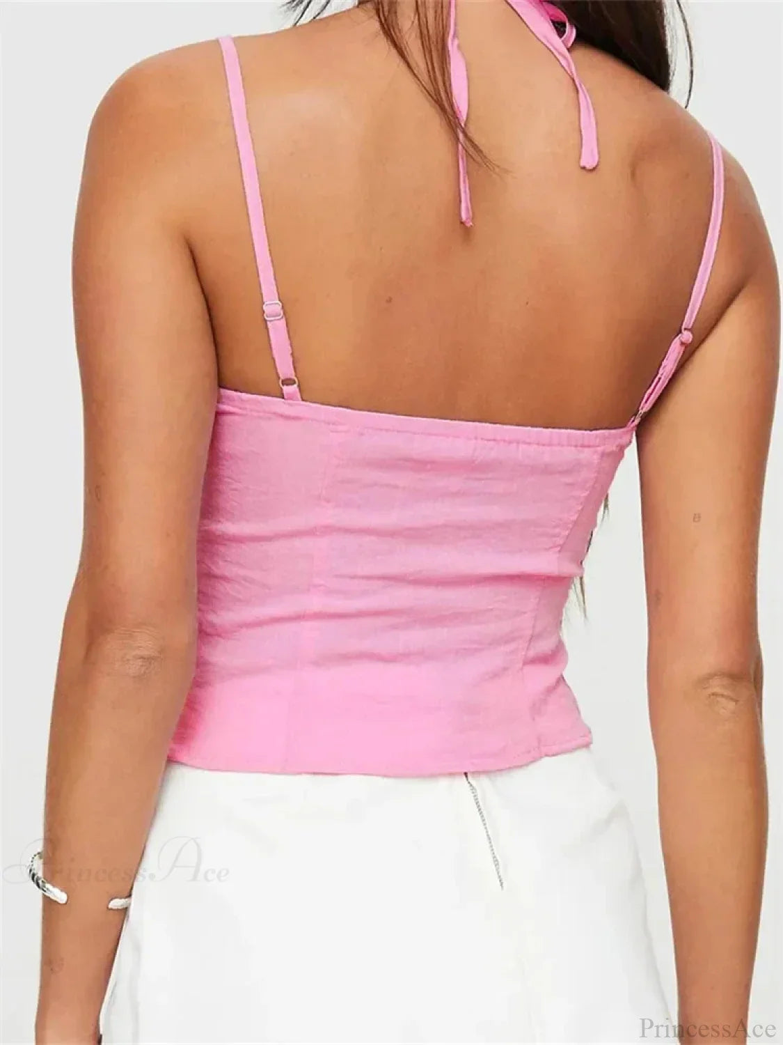 Slim Lace Trim Halter Tie-up Backless Crop Top croptop-250126