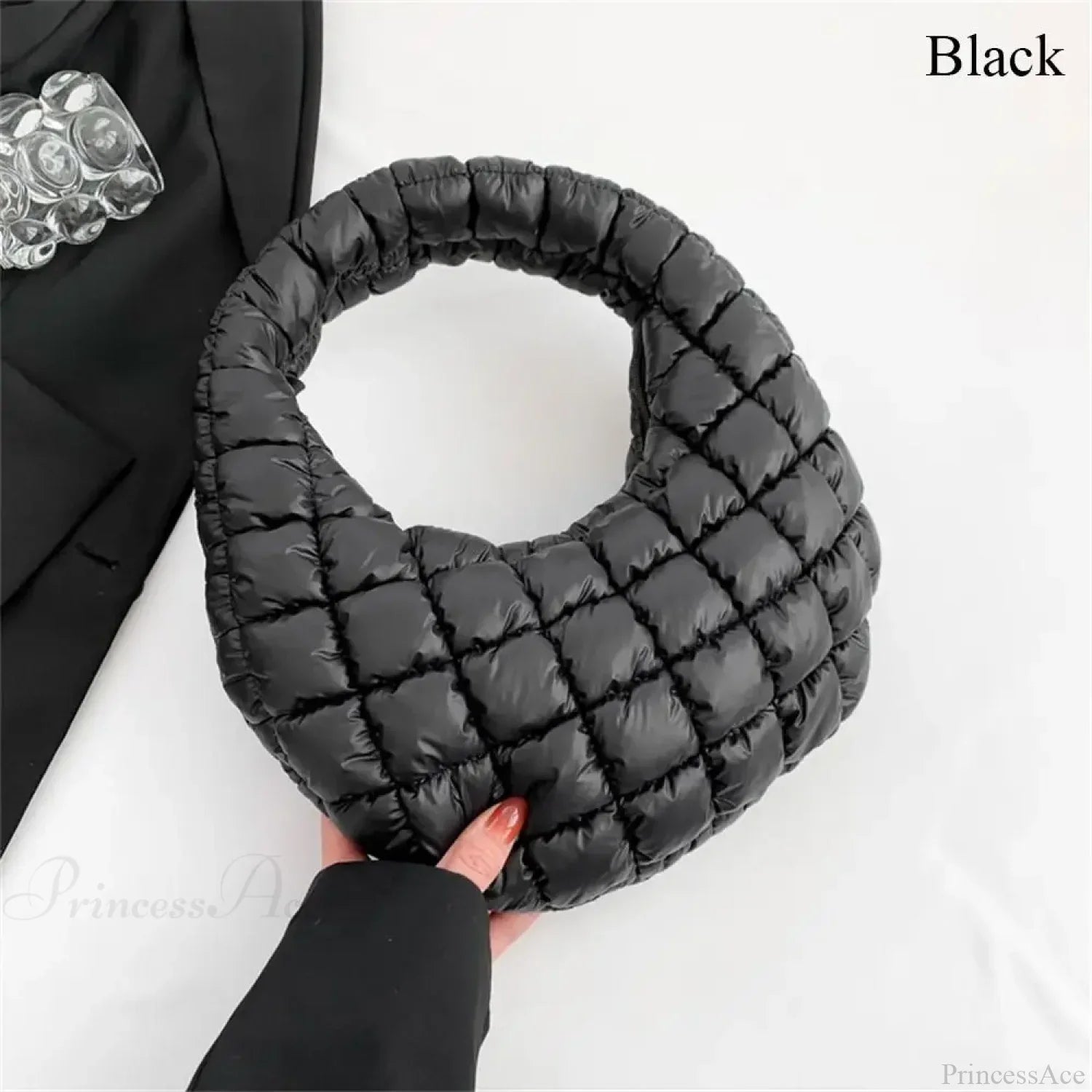 Small Quilted Tote Cotton Padded Shoulder Handbag Black handbag-250126