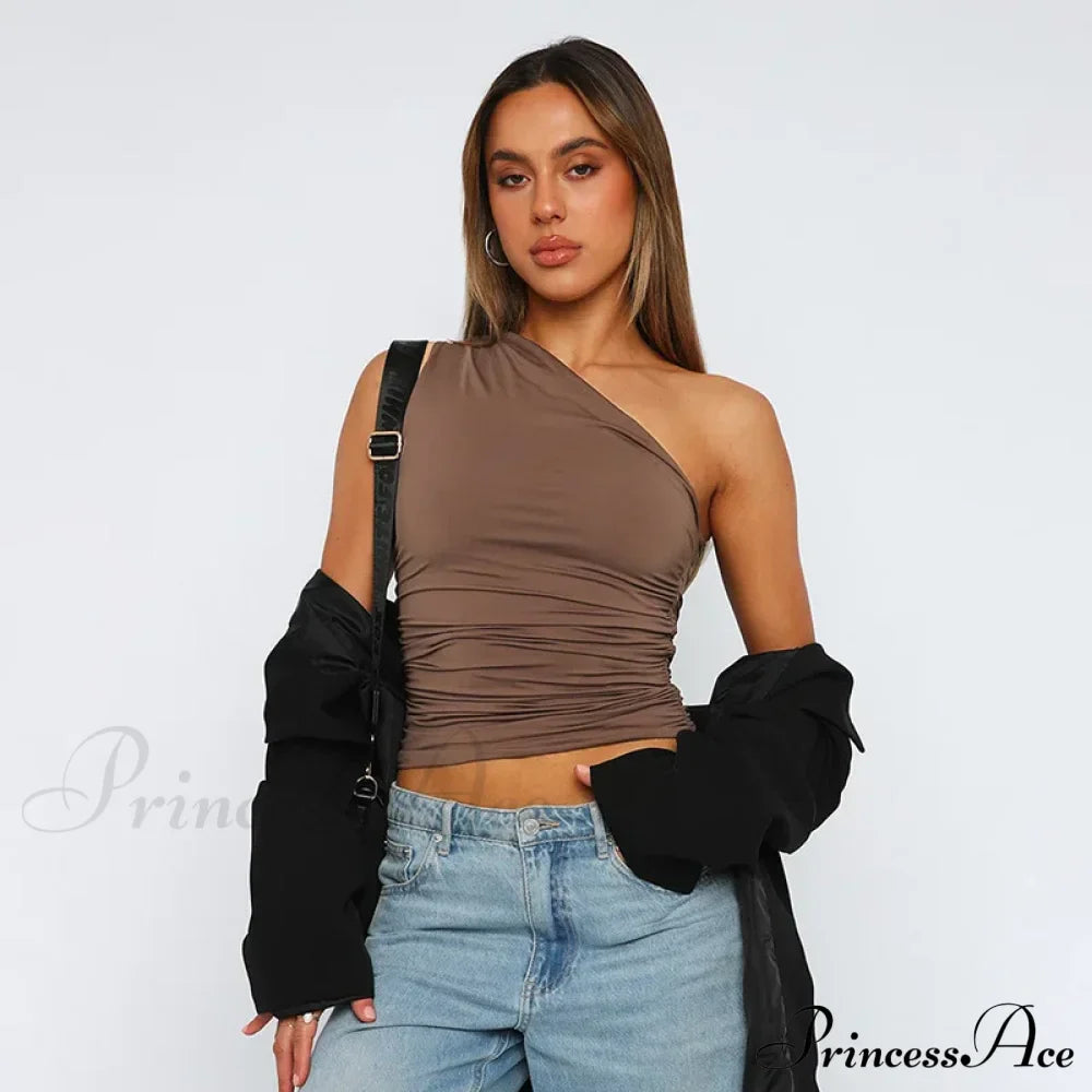 Solid Color One Shoulder Backless Candy Tight Sexy Sleeveless Neckless Slim Casual Tank Top Brown /