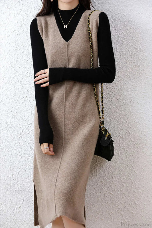 Solid Color Wool Tank Dress With V Neck Dark Camel / Xl Midi Dresses