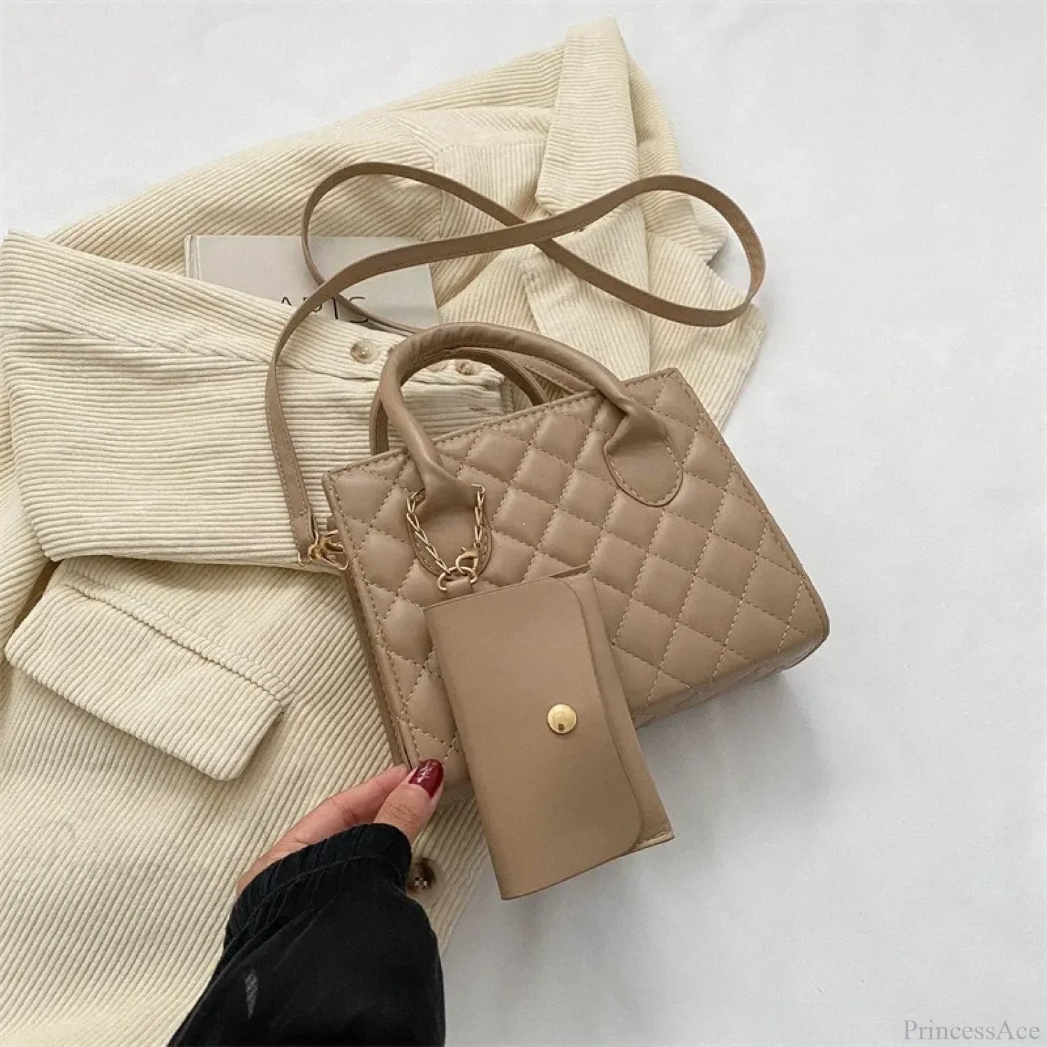 Solid Diamond Grid PU Leather Crossbody Khaki crossbody-250126