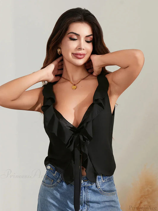 Solid Tie Front Sleeveless Ruffle Trim Low Cut Crop Top Black / S croptop-250126
