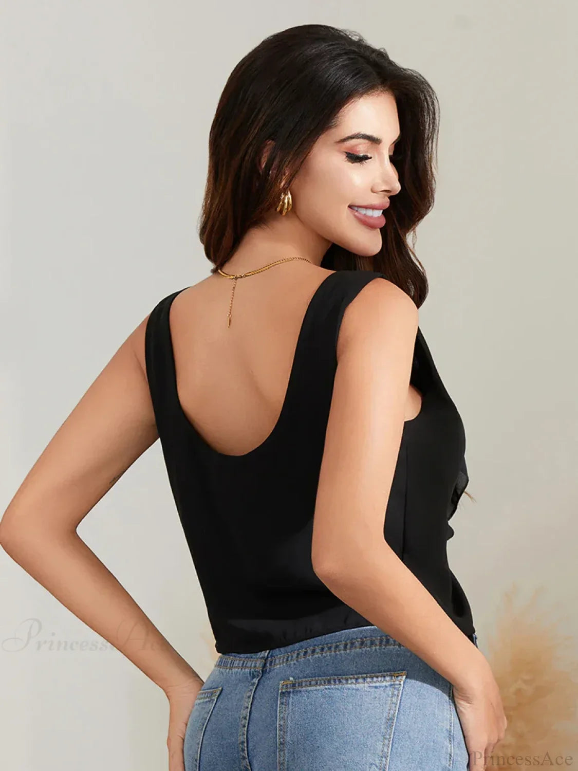 Solid Tie Front Sleeveless Ruffle Trim Low Cut Crop Top croptop-250126