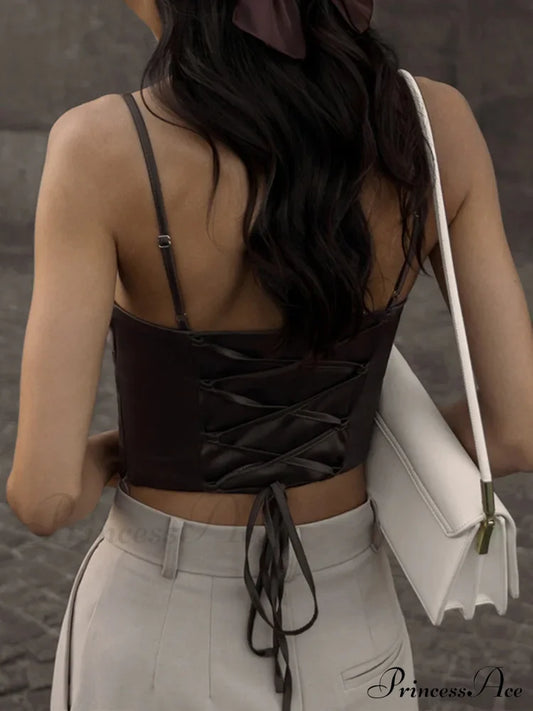 Spaghetti Strap Backless Bandage Skinny Crops 2024 Summer Elegant Lace Up Party Streetwear Women