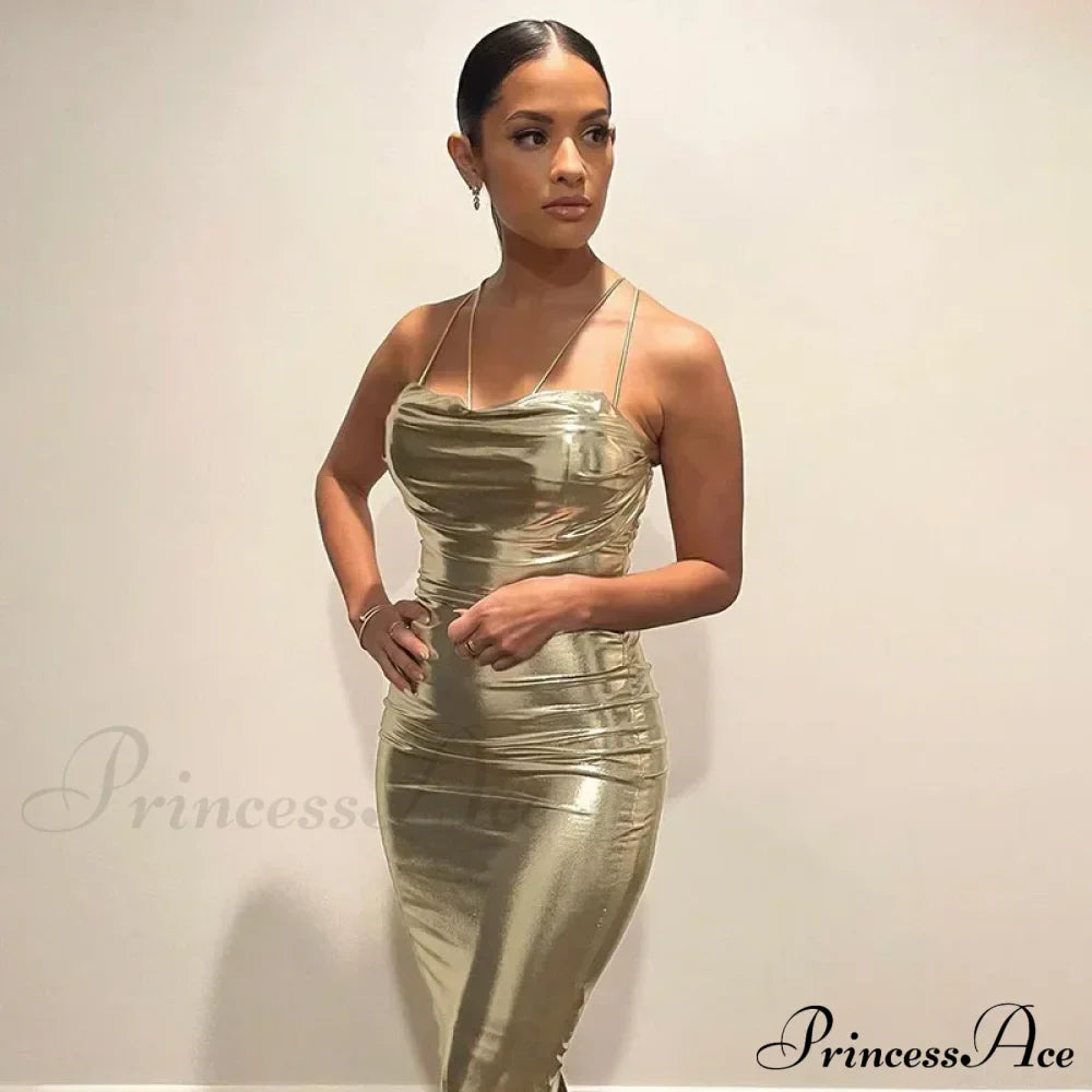 Spaghetti Strap Gold Midi Fashion Wrap Chest Slim Backless 2024 Summer Party Club Bodycon Dress