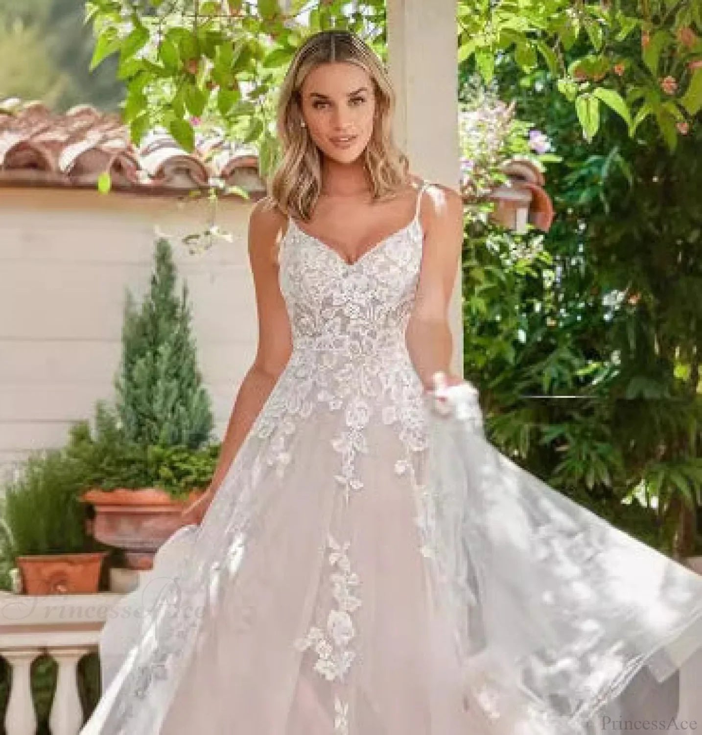 Spaghetti Strap Sheer Tail Wedding Dress white / US 2 weddingdress-250223