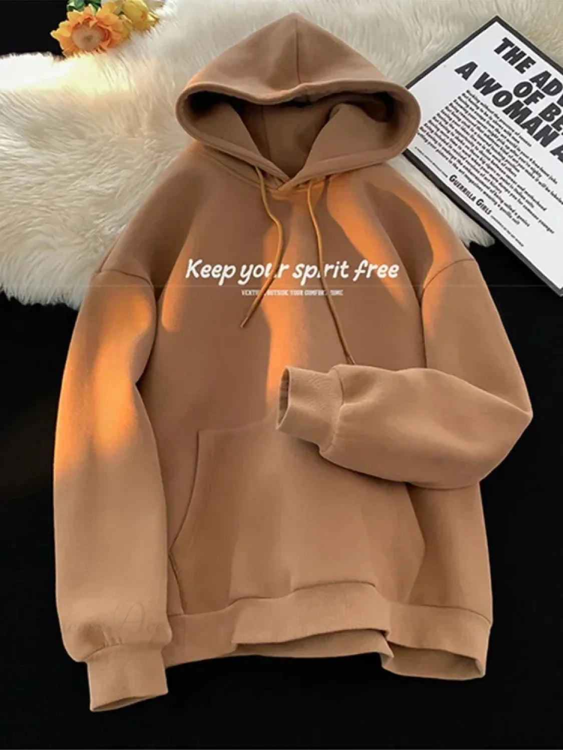 Spirit Free Letter Printed Hoodie Brown / M(40-45KG)