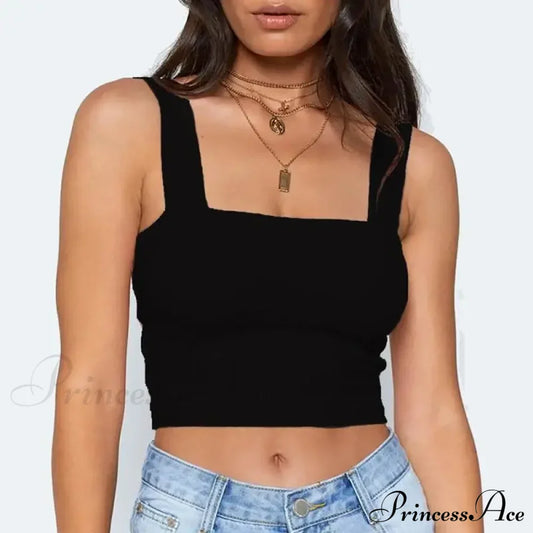 Square Neck Sleeveless Summer Crop Women Black Casual Basic T Shirt Off Shoulder Cami Sexy Backless