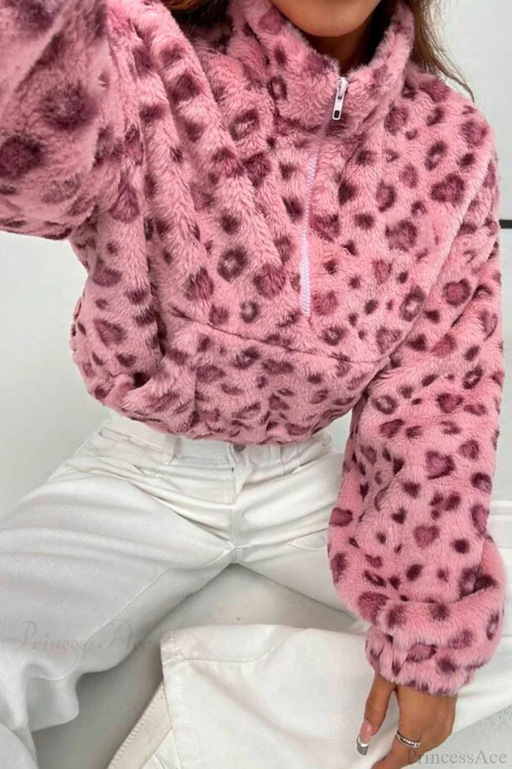 Stand Collar Half-Zip Leopard Print Cropped Fuzzy Coat