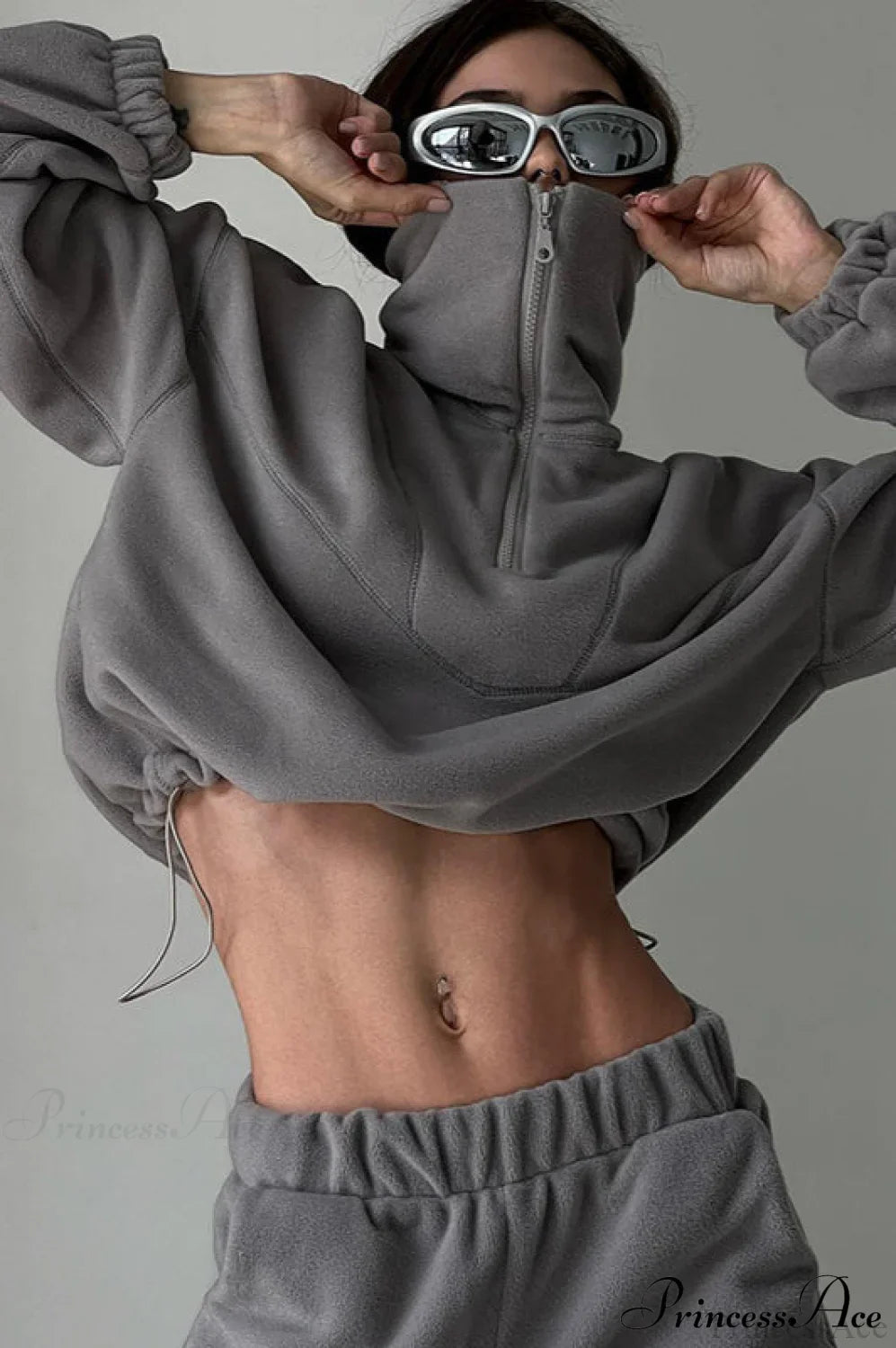 Stand Collar Polar Fleece Short Drawcord Sweatshirt