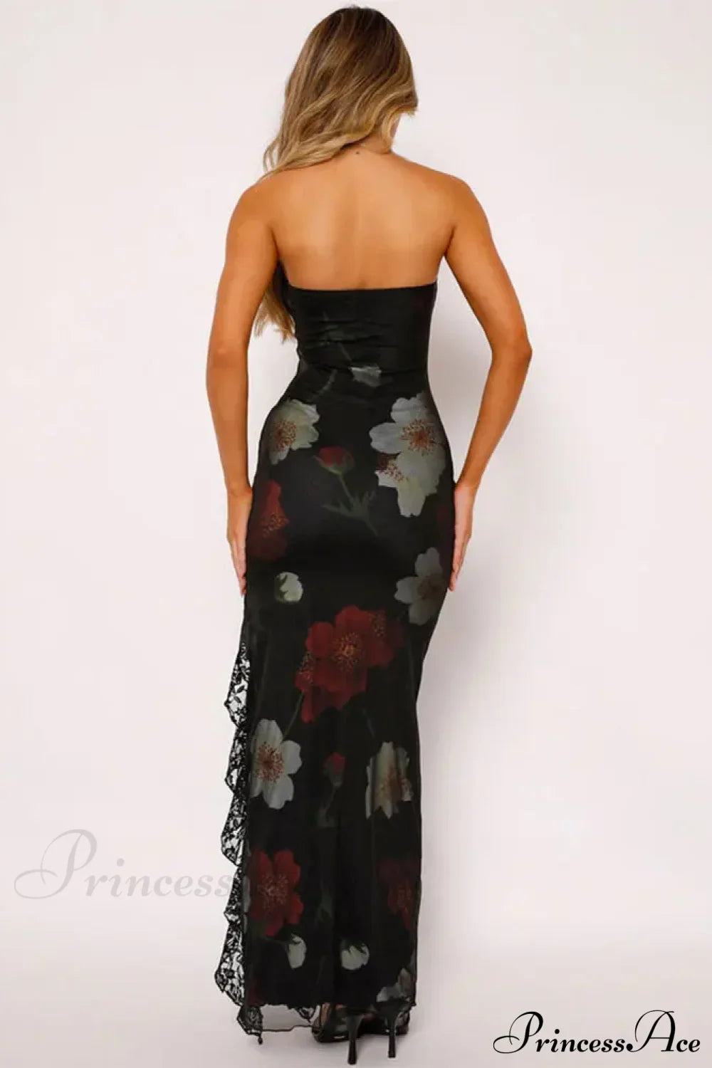 Strapless Print Lace Vent Backless Split Boho Dress