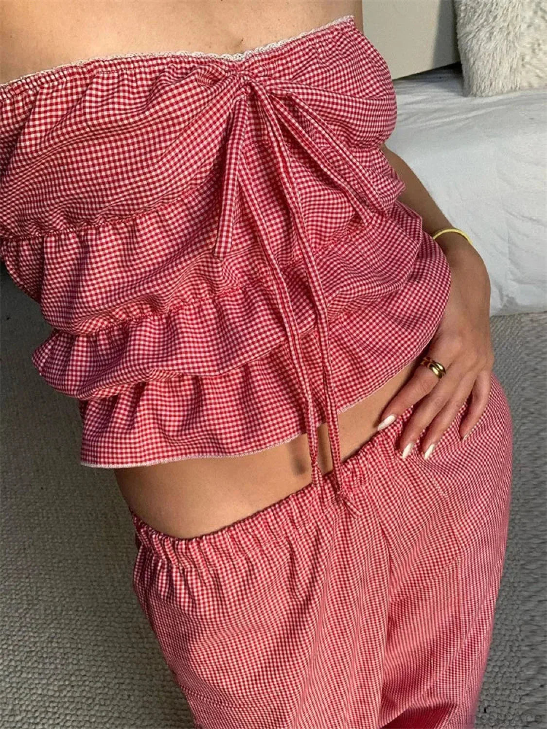 Strapless Plaid Ruched Backless Tube Crop Top croptop-250126