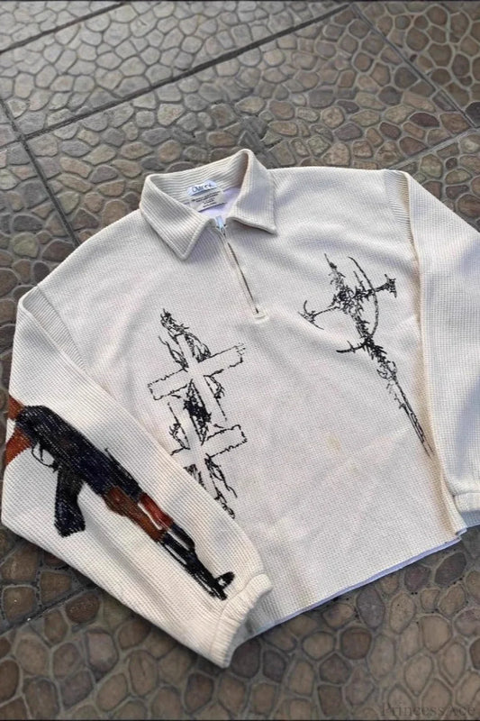Street-Inspired Oversized Gun Graphic Letter Sweatshirt