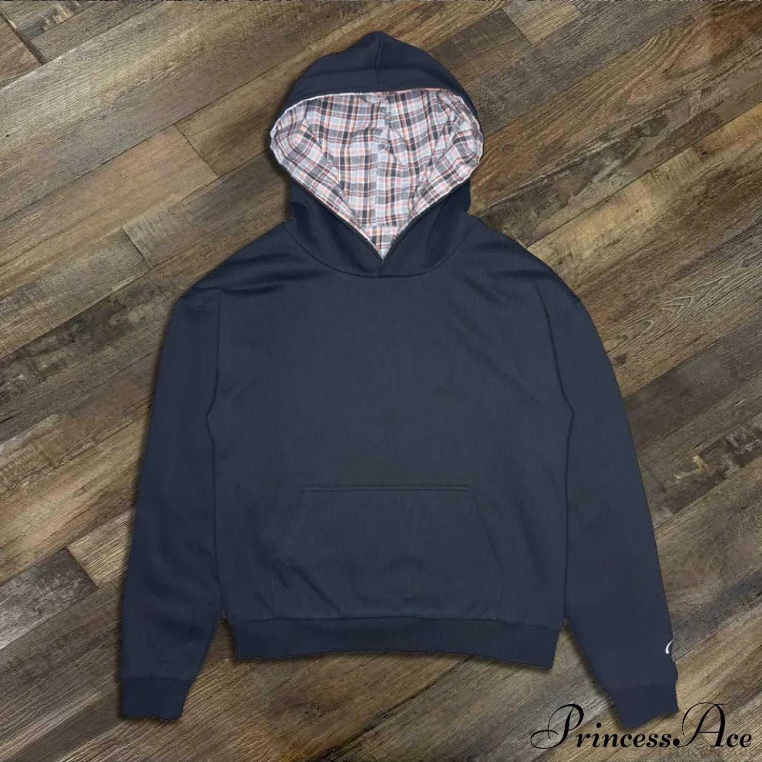 Street Style Reversible Plaid Hoodie Dark Blue / S