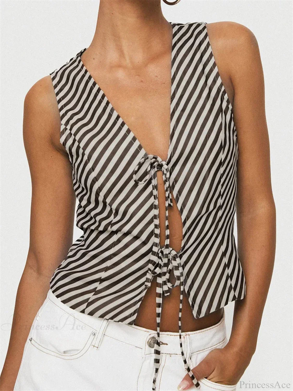 Striped Deep V-neck Tie-up Office Crop Top croptop-250126