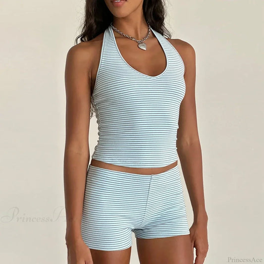 Stripes Print Sleeveless V Neck Halter Crop Low Waist Shorts Two Pieces Set Blue / S twopiecesset-250126