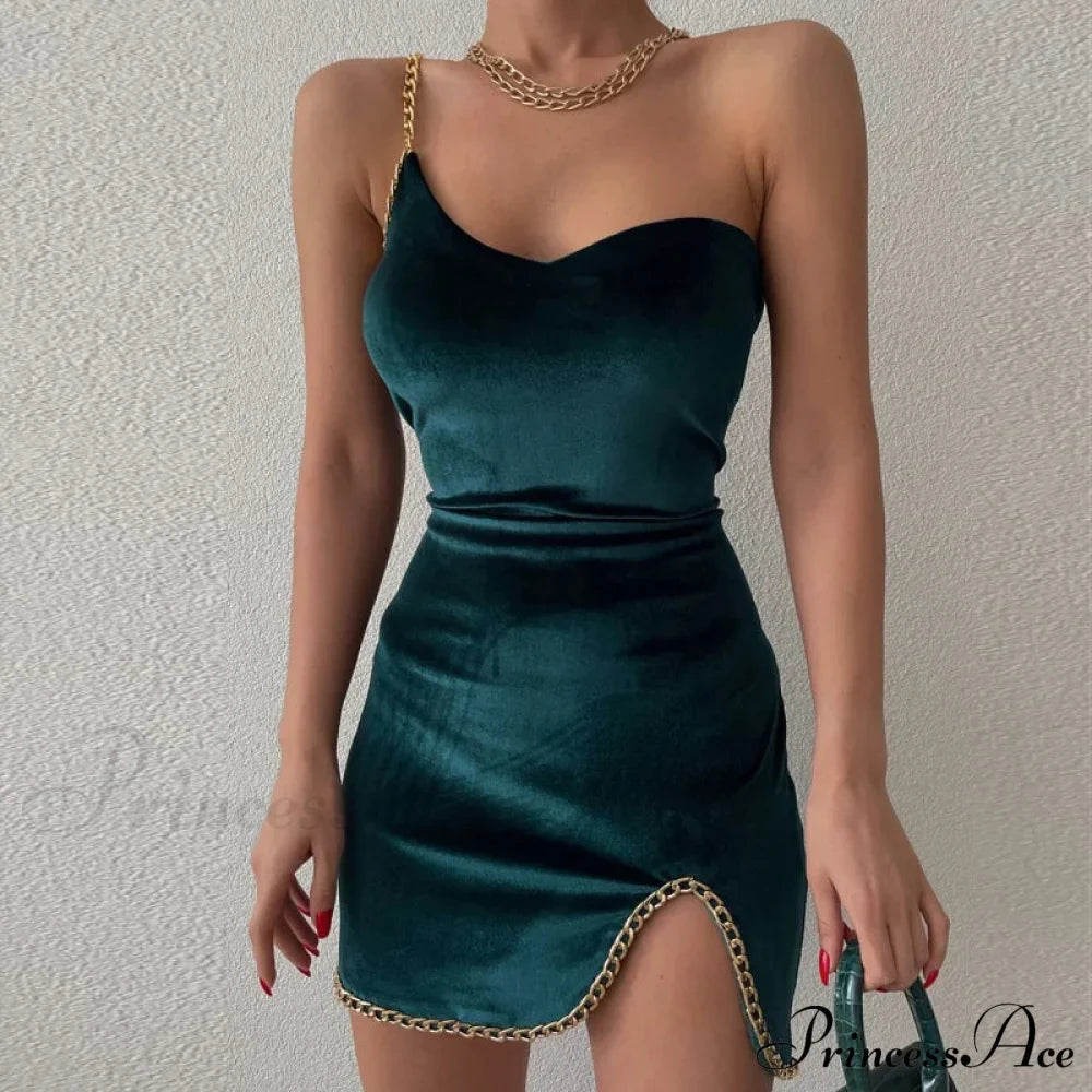 Stylish Sexy Elegant Summer One Shoulder Open Backless Party Mini Bodycon Dress Green / S