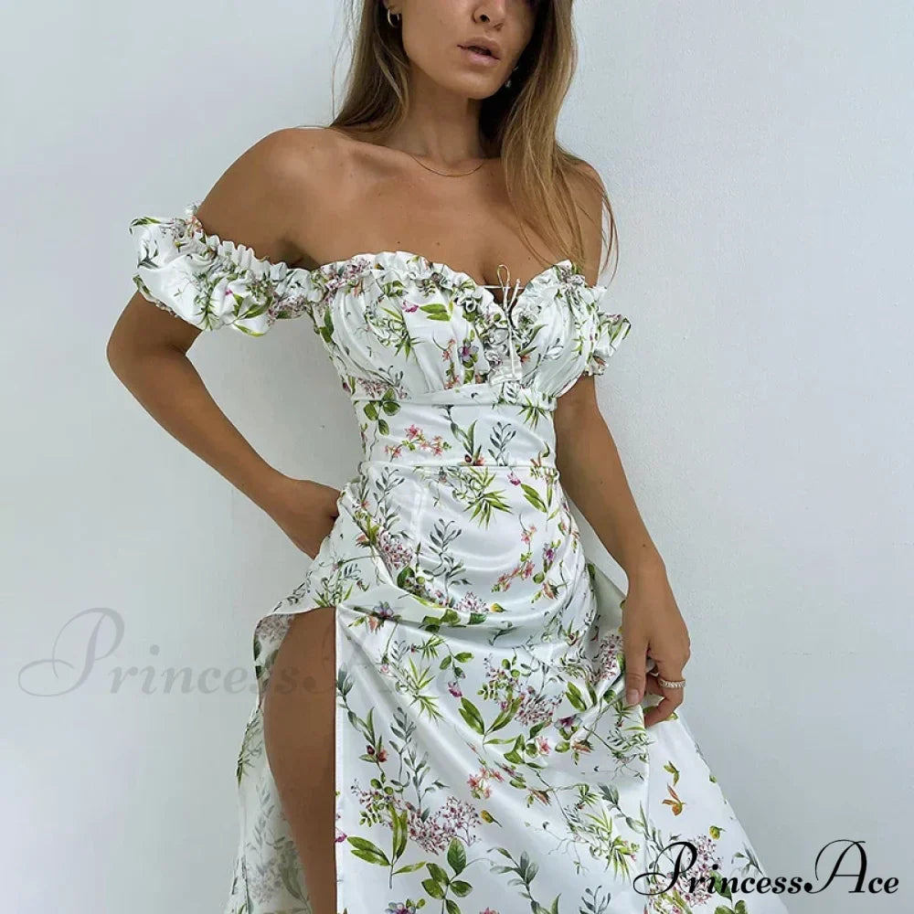 Summer Off Shoulder Puff Sleeve Lace Up Side Split Chic Aesthetic Floral Dress White / S
