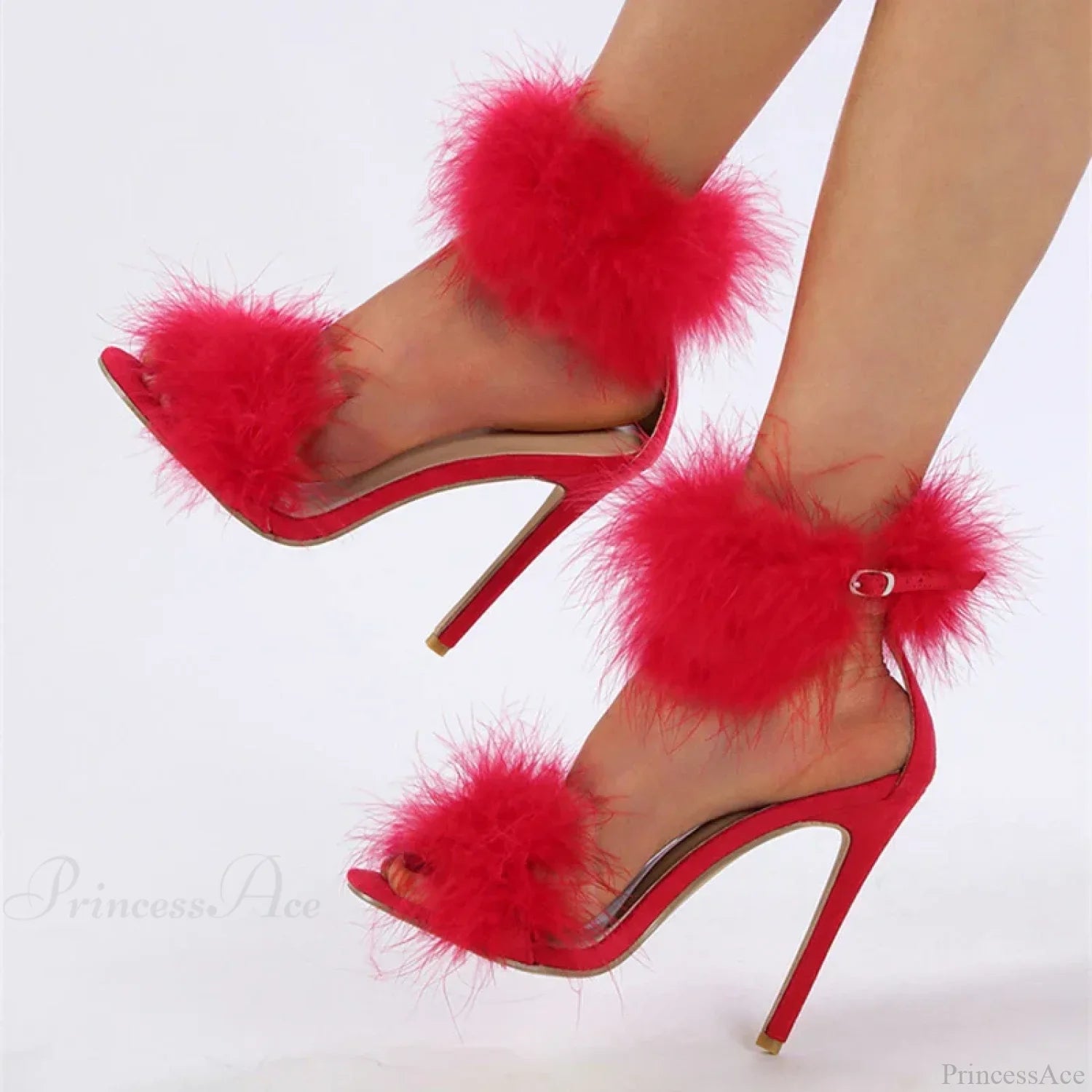 Summerfashion Faux-Fur Ankle-Strap Sandals Open-Toe Fluffy-Feather High-Heels Party Dress Women