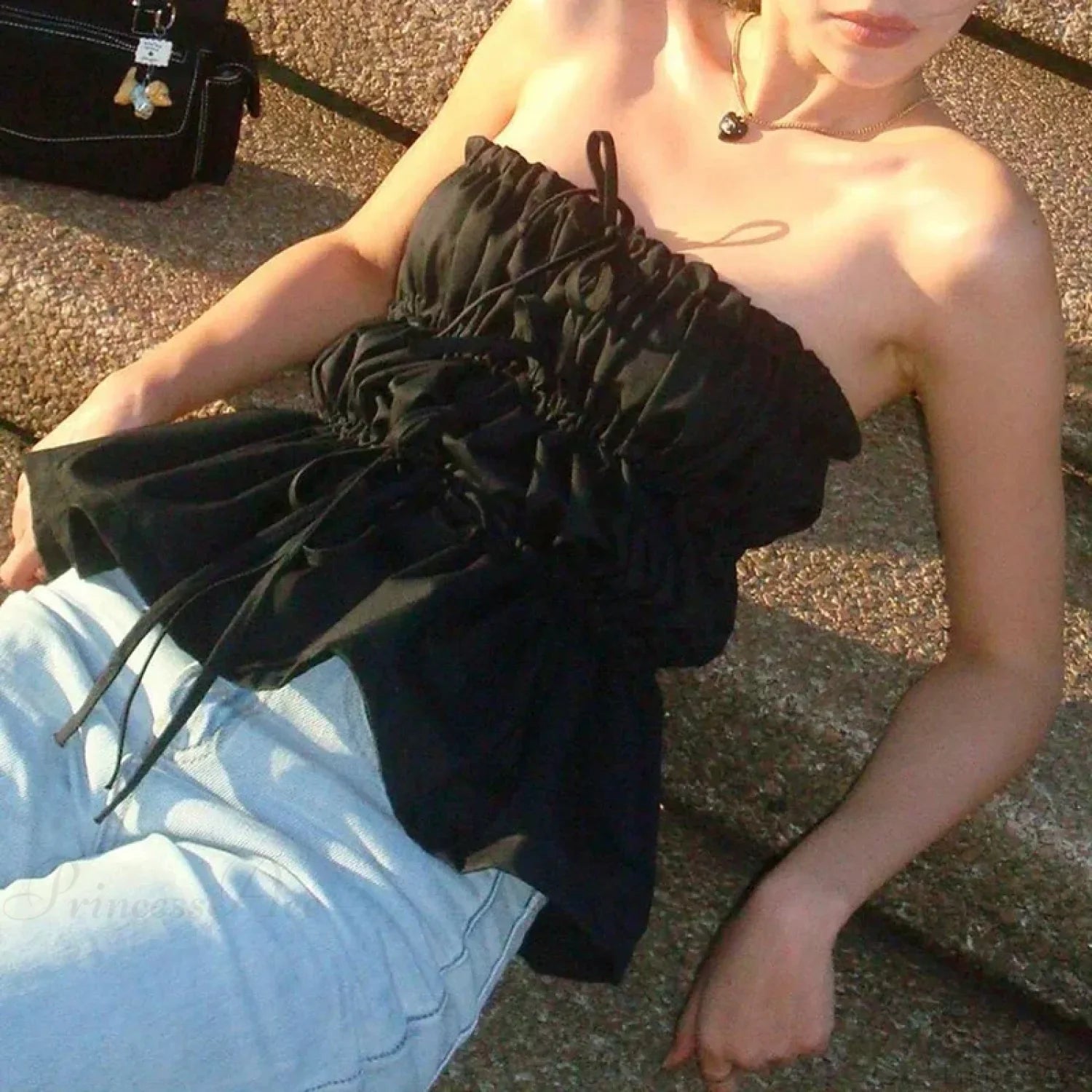 Sweet Ruched Tie Up Off Shoulder Sleeveless Slim Fit Y2K Strapless Crop Top croptop-250126