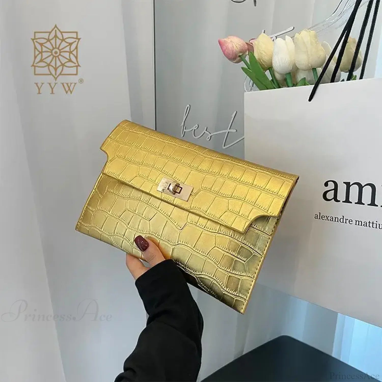 Thin Envelope Crocodile Pattern Wristlet Gold wristlet-250126