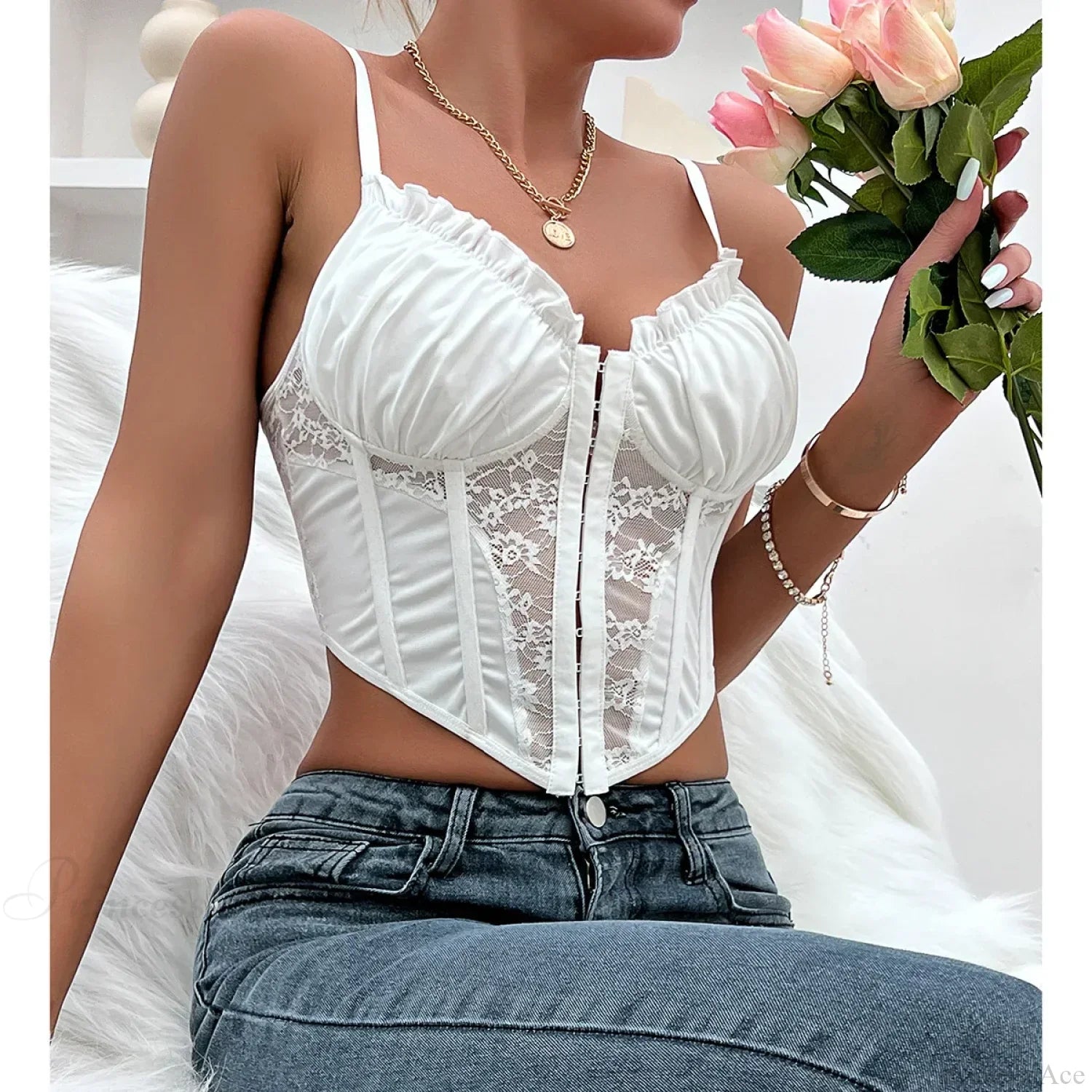 Trendy Mesh Fishbone Lace Pleated Sexy Crop Top White / S croptop-250126