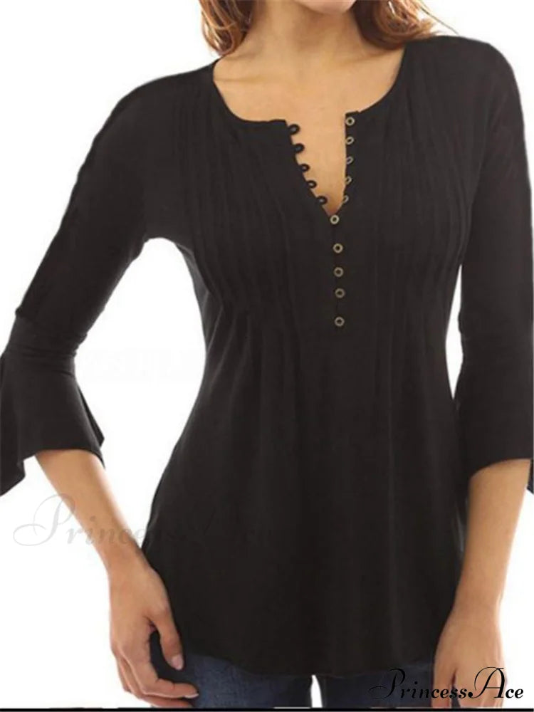 V-Neck Flared Plain Folded In Blouse Arm Women’s Color Black / S Tops