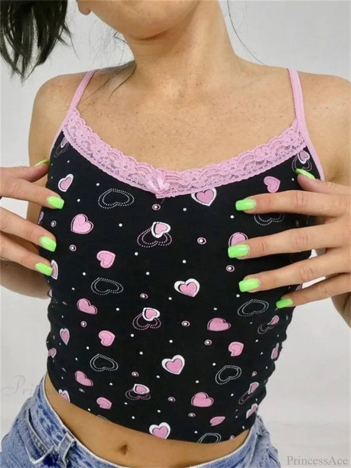 Valentine’s Hearts Lace Trim V-neck Crop Top croptop-250126