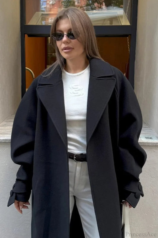 Vintage Elegant Wool Tie Waist Relaxed Overcoat Black / S