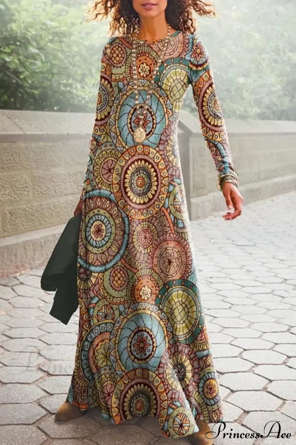 Vintage Geometric Print Long Sleeve Boho Dress