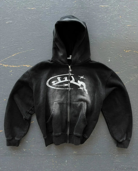 Vintage Wash Zip Up Hoodie Black1 / M