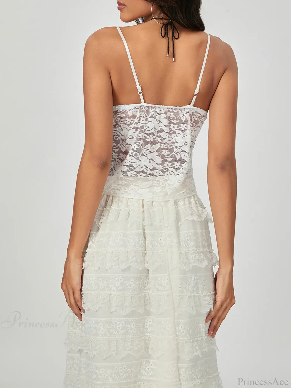 White Lace Spaghetti Strap Wrap Hem Slip Camisole Top croptop-250126