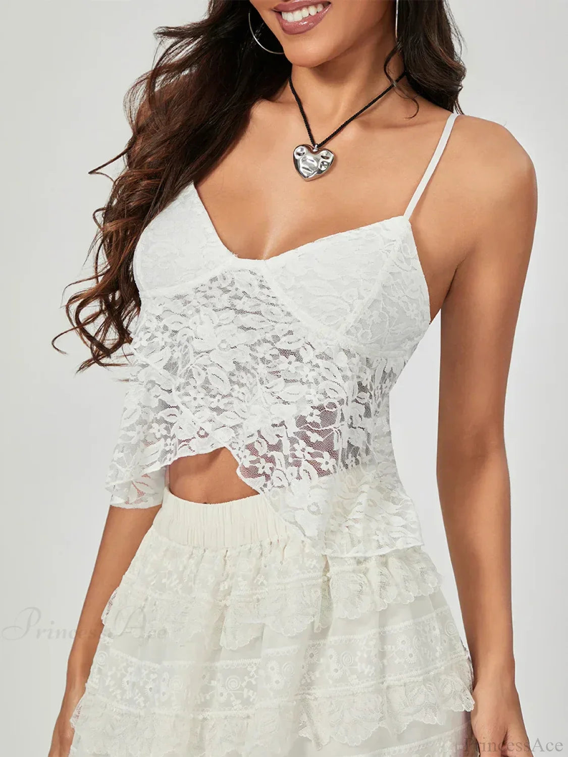 White Lace Spaghetti Strap Wrap Hem Slip Camisole Top croptop-250126
