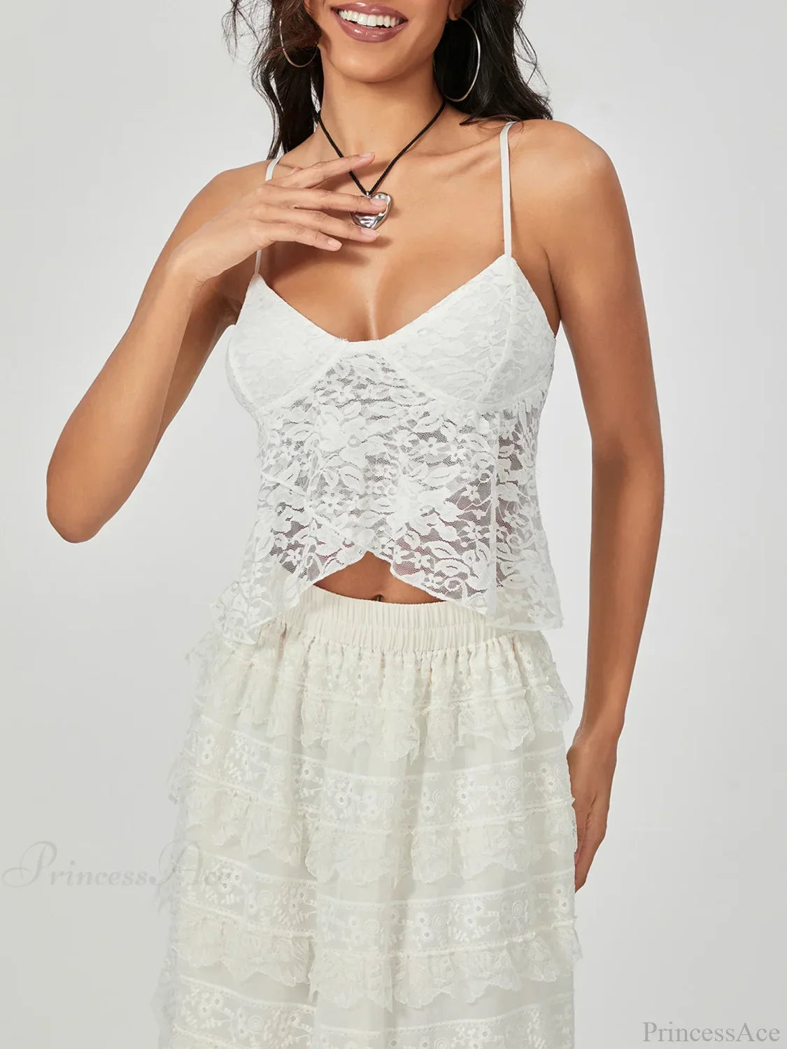 White Lace Spaghetti Strap Wrap Hem Slip Camisole Top croptop-250126