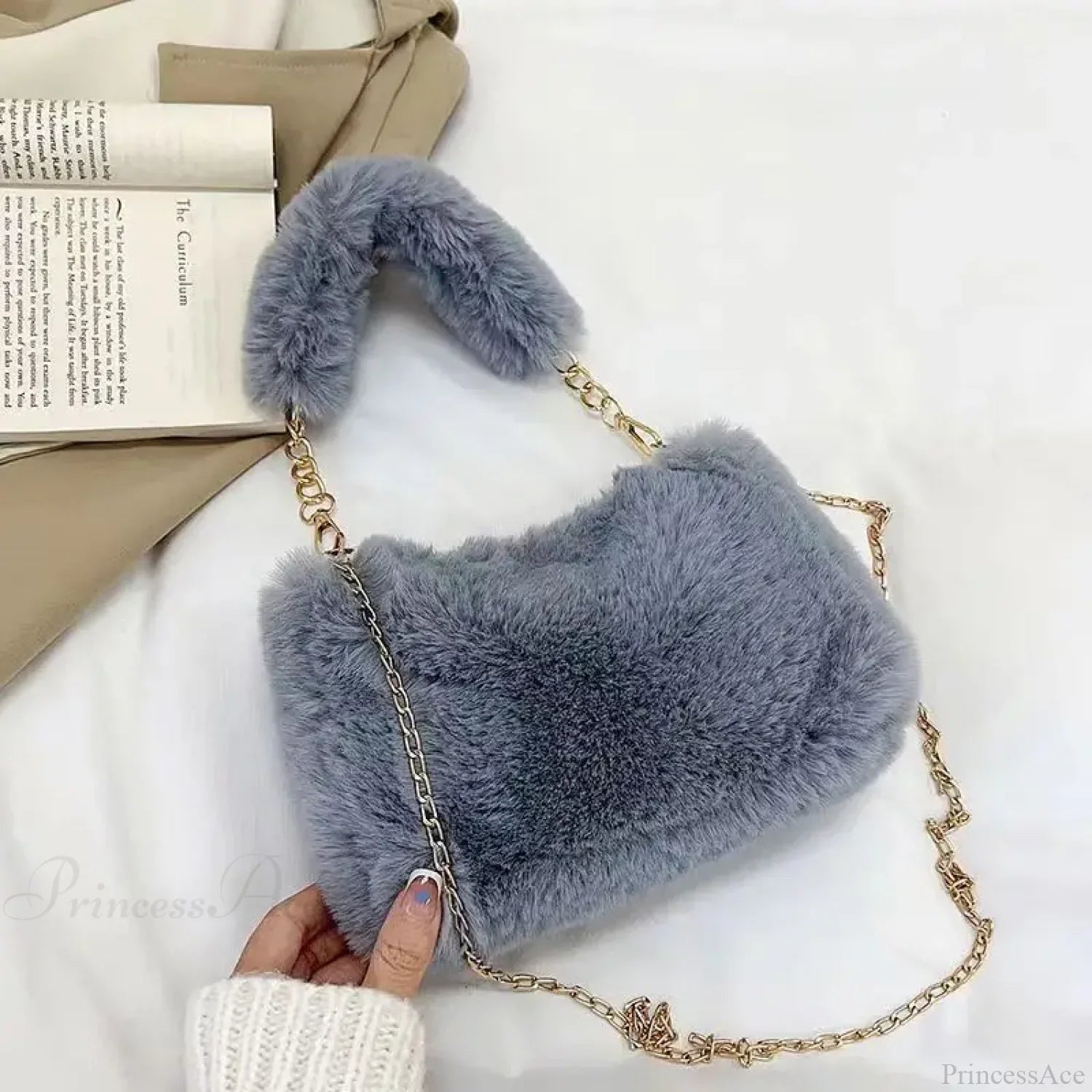 Winter Plush Fluffy Small Square Crossbody Handbag Grey handbag-250126