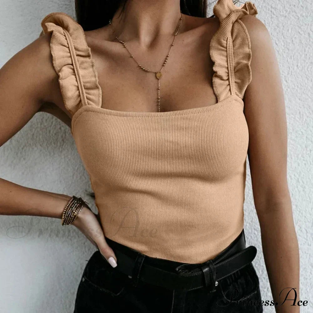 Women Collar Solid Knit Casual Basic Summer Ribbed Slim Ruffless Tank Top
