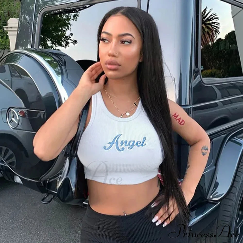 Women Letter Embroidery Vest Summer Sleeveless Crop For Ladies Tank Top