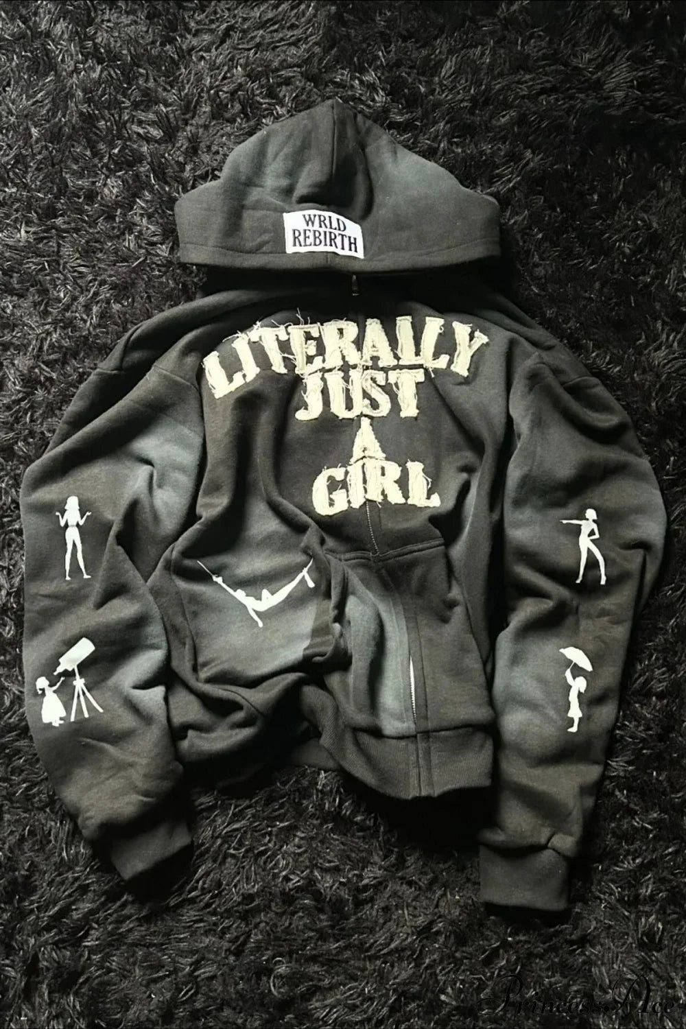 Y2K Hip-Hop 3D Letter Print Loose Zip Hoodie Black / XS