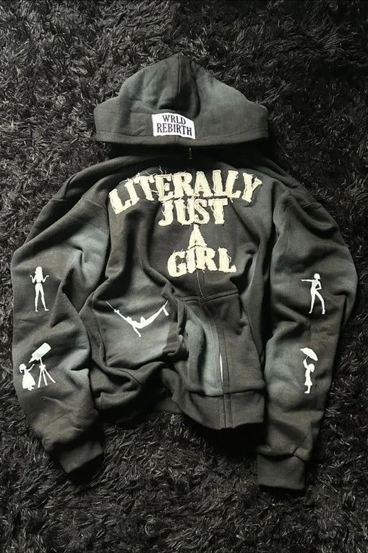 Y2K Hip-Hop 3D Letter Print Loose Zip Hoodie Black / XS