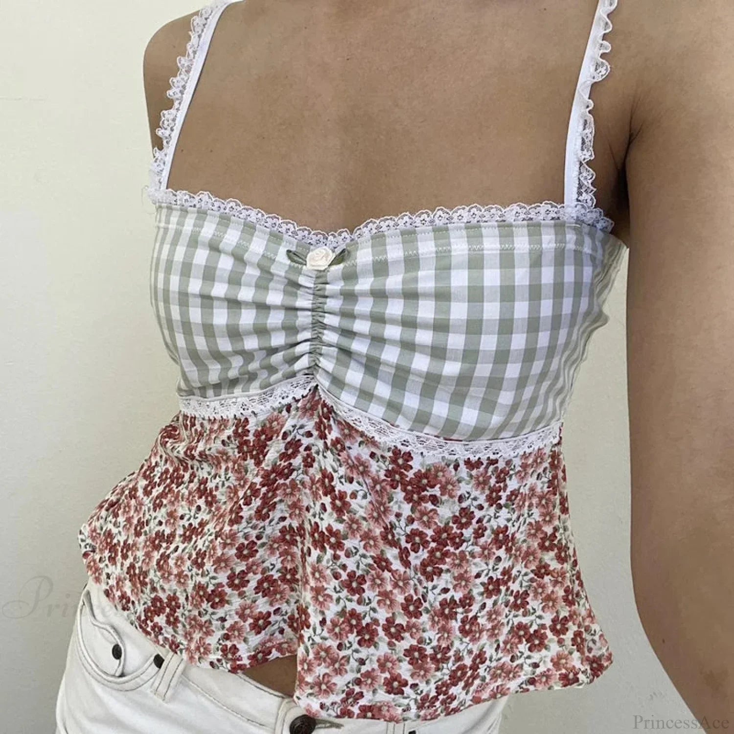 Y2K Lace Trim Plaid Floral Sleeveless Crop Top croptop-250126